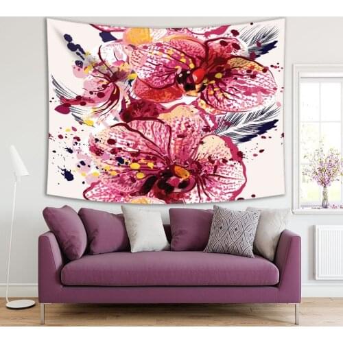 Tapestry Orchid Flowers Paint Splashes Modern Colorful Watercolor Style Artwork Purple Yellow Red