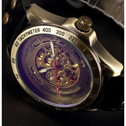 Hot Sale Antique Automatic Skeleton Mechanical Watch Men Bronze Steampunk Retro Leather Analog Wrist Watches Horloges Mannen