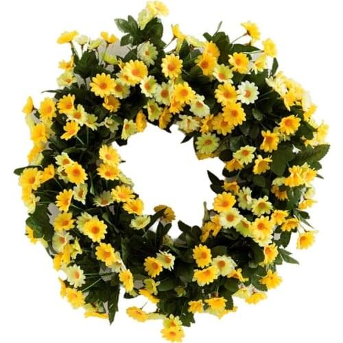 Artificial Yellow Daisy Spring Flower Wreath Green Leaves Wedding Front Door