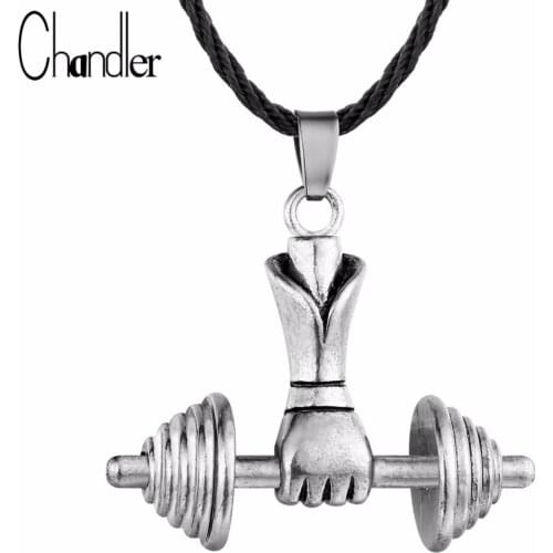 Chandler Metal Dumbbell Pendant Necklace Mamen Mens Antique Jewelry Fitness Barbell Long Chain Colier Sport Enthic Accessary