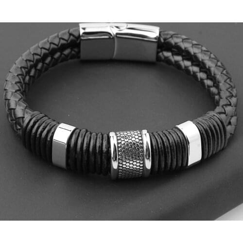 High Quality 2020 New Cool Black Braid Leather Bracelets mens Punk Boys Unique Stainless Steel Weave Knit Bracelet Gifts