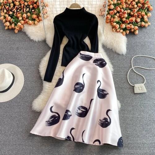 Neploe Autumn Winter New 2021 Laides Sytle Skirt Sets Women Stand Collar Black Sweater + High Waist Mid-length Skirts 2pcs Mujer