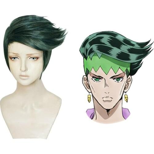 JoJos Bizarre Adventure Rohan Kishibe Cosplay Wig Short Dark Green Heat Resistant Synthetic Hair Wigs + Wig Cap