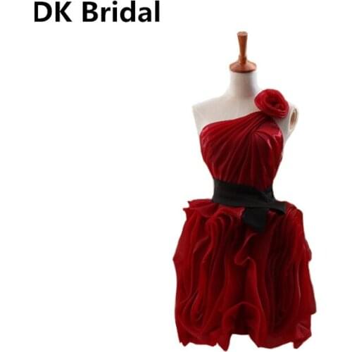 One Shoulder Burgundy Short Homecoming Dresses with Black Sash Flower Xmas Party Dress Plus Size 2020