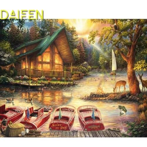 Full Round Diamond mosaic sailboat deer Full Square Diamond embroidery Boat house DIY Diamond painting Cross stitch Lake forest