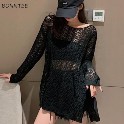 Pullovers Women Sexy Hollow Out Oversize Summer O-neck Loose Jacquard Korean Style Long Sleeve All-match Knit Sweaters Casual