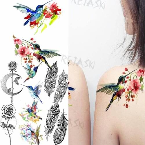 Realistic Little Hummingbird Shoulder Sexy Temporary Tattoos For Women Adult Rose Feather Fake Tattoo Wrist Feet Washable Tatoos