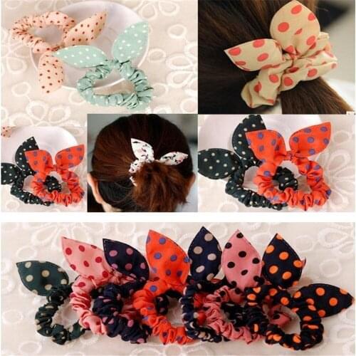 Color Random 8Pcs/Set Girls Rabbit Ear Hair Ring Bow Hair Rope Mixed Clip Hair Band Polka Dot Leopard Trip Hair Rope Scrunchie