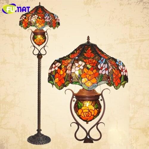 FUMAT Glass Art Floor Lamp Indoor Retro Stained Glass Rose Standing Lights Itrage Living Room Store Bar Decor Light Fxitures