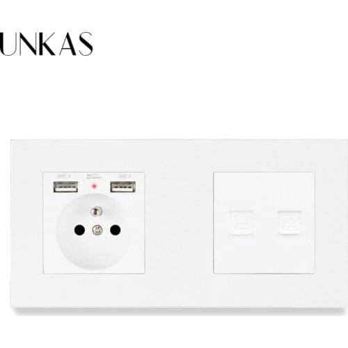 UNKAS Plastic Panel French Standard Wall Socket with 2 USB + RJ45 Internet Computer Connector and RJ11 Telephone Outlet