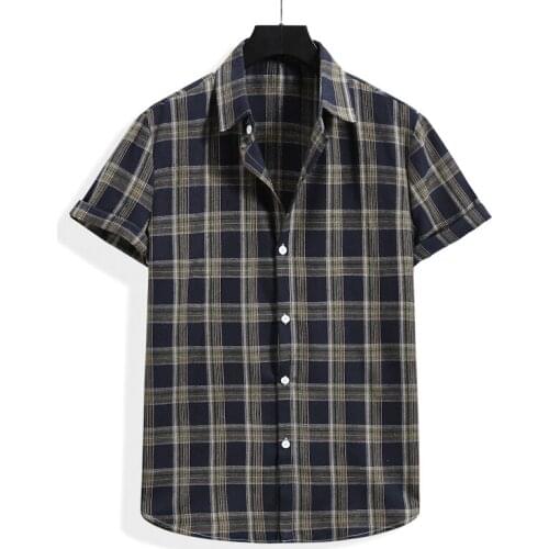 Vintage Plaid Short Sleeve Shirt Men 2021 Summer New Slim Fit Work Casual Shirt Men Beach Hawaiian Aloha Shirts Chemise Homme