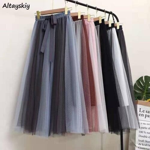 Skirts Women Loose Bow Design Chic A-Line Leisure Newest Mesh Patchwork Mid-Calf All-match Ulzzang Summer College Ladies Elegant