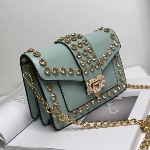 Rivet Flip Square Bag 2021 Summer New High Quality PU Leather Women Designer Handbag Diamond Lock Chain Shoulder Messenger Bag