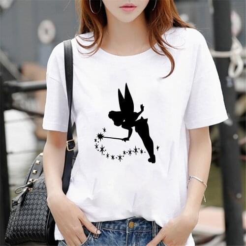 Disney Women T Shirt Kawaii Tinkerbell Fairy O-Neck Short Sleeve Summer Casual Cartoon Tshirt Tee Lady Girls Female Femmes Tops