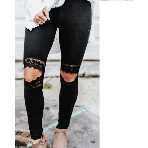 NORMOV Womens Summer Casual Leggings Fashion Skinny Lace High Waist Fitness Hole Elastic Force Leggings Workout Slim Leggings