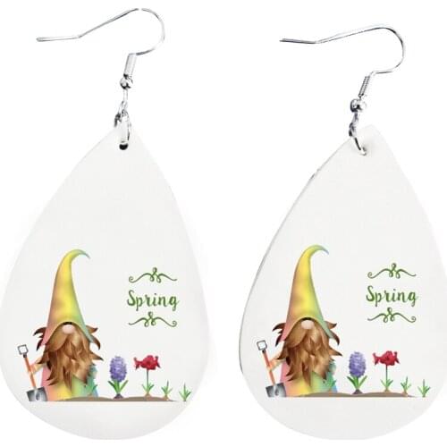 Woman Fashion Leather Spring Garden Gnome Flowers Teardrop Earrings We Can Customize Your Logo