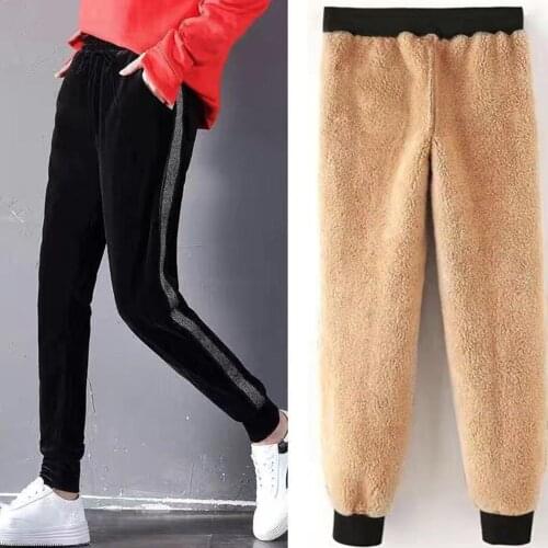 Women Autumn Winter Thickened Lamb Wool Trousers Striped Sides Casual High Elastic Waist Sports Pants