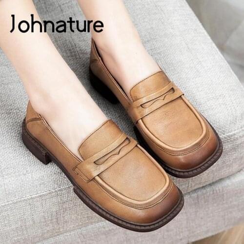Johnature Pumps Women Shoes Spring/Autumn Genuine Leather Retro 2021 New Shallow Handmade Concise Round Toe Leisure Ladies Shoes