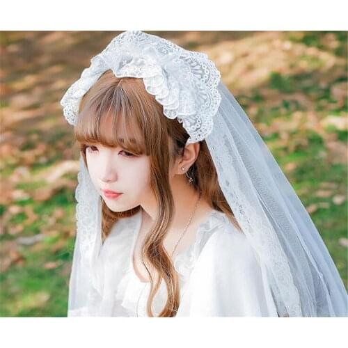 Women Lace Lolita Princess Costume Hairband Bride Veil Kerchief Sweet Bridal Wedding Headwear Headscarf Accessory D095