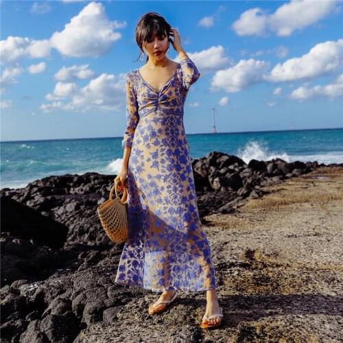 Vacationing Bohemia Women Dress Long Mesh Embroidery Holiday Seaside Beach Female Dresses Three Quarter Sleeve Luxury Dresses
