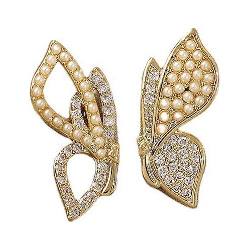Women Girl Irregular Pearl Crystal Butterfly Stud Earring for Gift Party Cute Fashion Jewelry Accessories