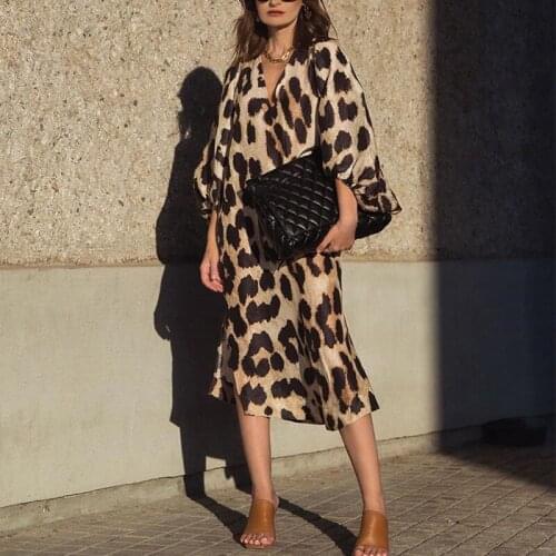 Leopard Print Dress For Women V Neck Lantern Three Quarter Sleeve Hit Color Loose Vintage Dresses Female 2020 Fall Tide C161