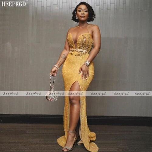 Gold Backless Sexy Mermaid African Evening Dress With Slit Crystal Glitter Plus Size Women Party Dresses Long Formal Gowns