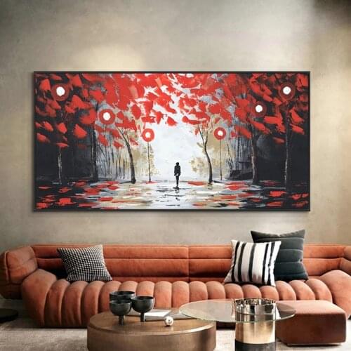 100% Handmade Oil Painting Abstract Trees With Red Leaves Painting On Canvas Modern Hand Painted Wall Art For Living Room Decor