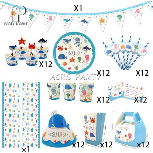110pcs For 12 Kid Sea Life Marine Animal Fish Theme Birthday Party Supplies Tableware Set Plate Straw Glass Candy Box Invitation