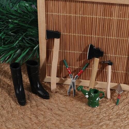 7Pcs/Set 1:12 Dollhouse Mini Garden Tool Watering Can+Scissors+Axes+Shoes Doll Decor Model Kids Furniture Toys DIY Accessories