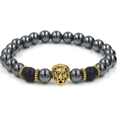 8mm ug2y 2micro pave cz zircon cubic zirconia elastic adjusted Charm lion nature stone agate Onyx volcanic lava Charm Bracelet