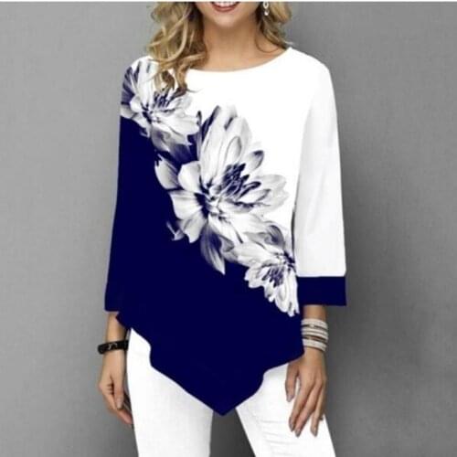 Shirt Blouse Women Spring SummerPrinting O-neck Blouse 3/4 Sleeve Casual Hem Irregularity Female fashion shirt Tops Plus Size