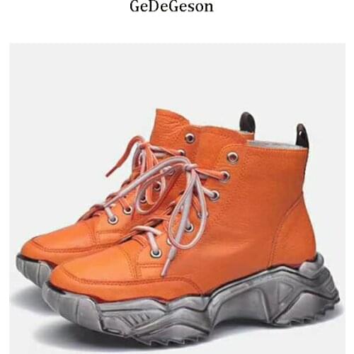 Brand Boots Women High quality Cowhide Leather and Epoxy Sole Lace-up Increasing height Platform Fashion Ladies leisure Shoes