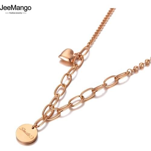 JeeMango Rose Gold Smile Love Heart Charm Pendant Necklace For Women Titanium Stainless Steel Bohemia Party Necklace JN20139