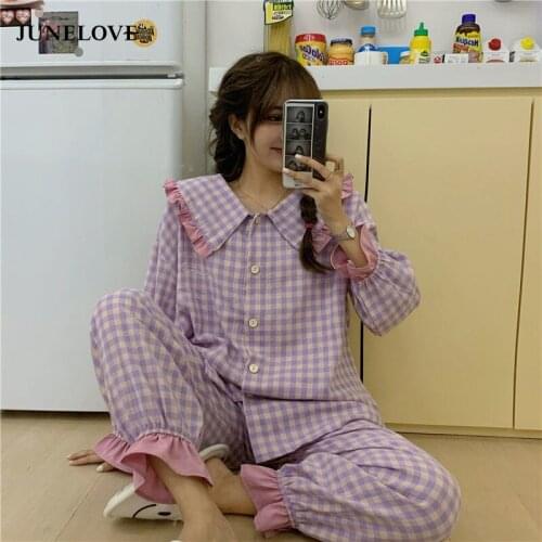 JuneLove Pyjamas Women Soft Cotton Home Wear 2021 Autumn Winter Pijama Female Pants Suit Lapel Plaid Pajamas Set Sleepwear Suits