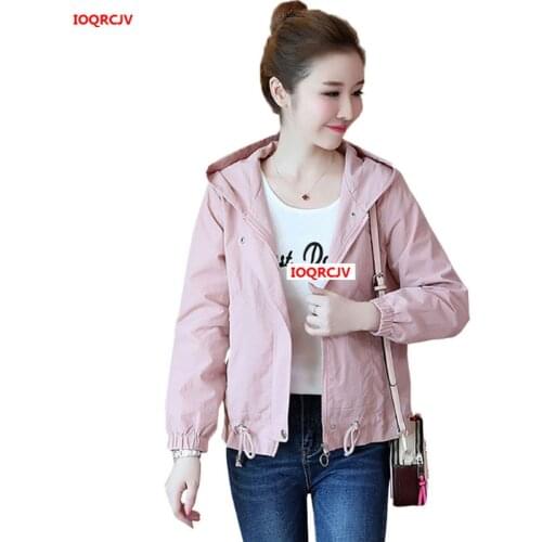 2020 Spring Autumn Womens Windbreaker Jacket Long-sleeved Loose Casual Hooded Plus Cotton Short Coat Outerwear Plus Size W92