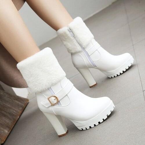 Fur warm womens snow boots white black pink block high heels fur boots womens boots ankle anti-slip women snow shoes with plush