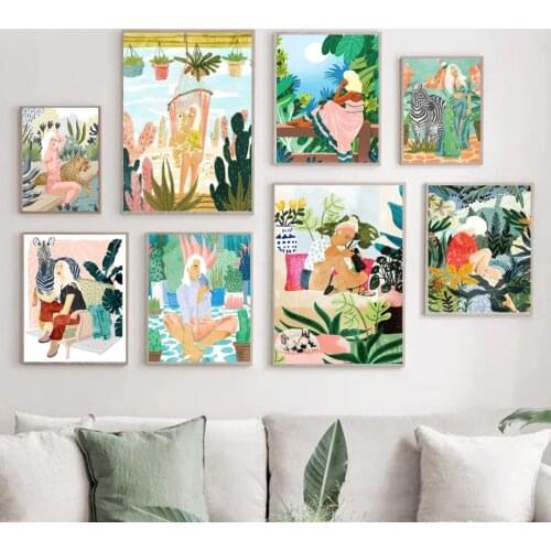 Boho Abstract Girl Leopard Cactus Zebra Wall Art Canvas Painting Nordic Posters And Prints Wall Pictures For Living Room Decor