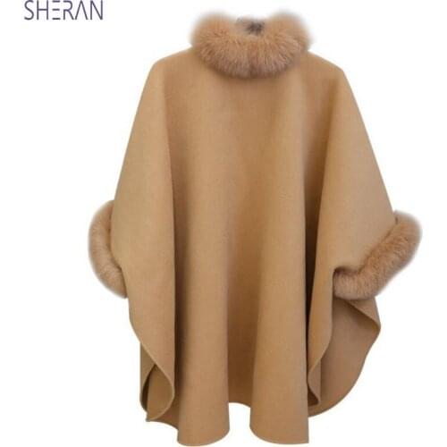 SHERAN 2019 New Autumn Winter Women Woolen Jacket New Style Fashion Mid-Long Faux Fur Collar Cape Coat Loose Female Blends Coat