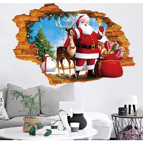 New broken wall Santa 3D wall stickers bedroom warm Christmas living room dining room stickers