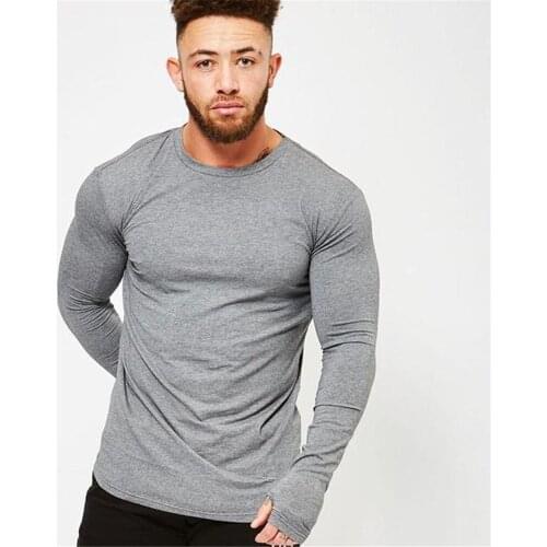 Solid Casual Long sleeve T-shirt Men Fitness Cotton t shirt Male Gym Workout Skinny Tee shirt Tops Gray Running Sport Clothing