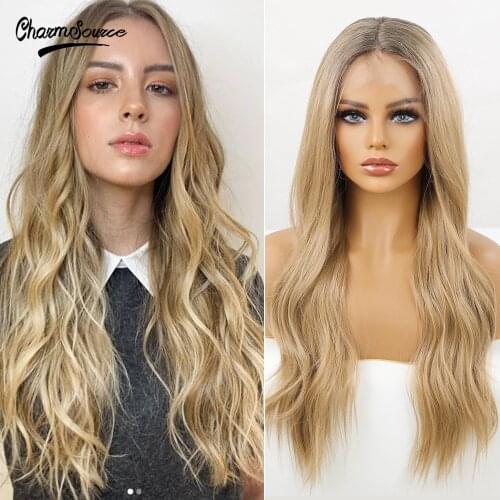 CharmSource Lace Front Wigs Long Natural Wavy Hair Brown Ombre Blonde Daily Party ins for Women High Density Heat Resistant Wig