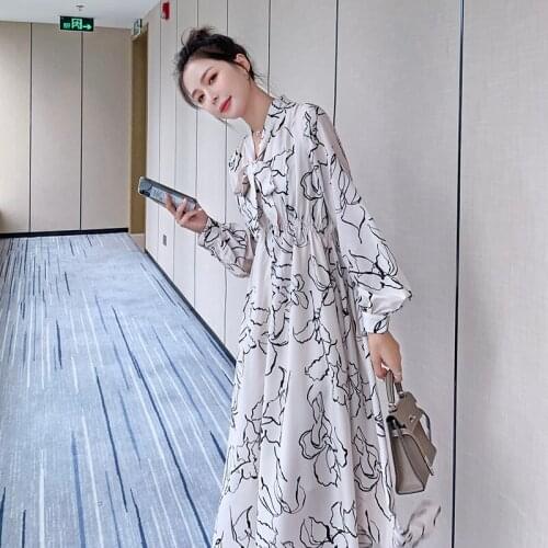 2021 Spring Summer Long Sleeve Bow Collar Loose Casual Women Dress Fashion Korean Elegant Chic Ink Print Office Lady Dresses