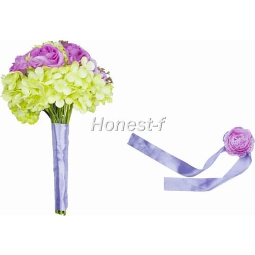 Hand Tie Artificial Purple and Green Hygrangea Rose Peony Bouquet for Wedding Home Party Decor with Brides Wrist Flower
