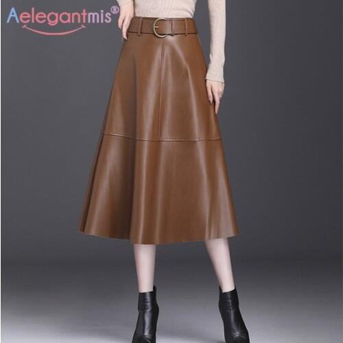 Aelegantmis Korean Vintage Faux Leather Skirt Women Casual High Waist PU A Line Skirt Loose Black Retro long Skirt Chic Female