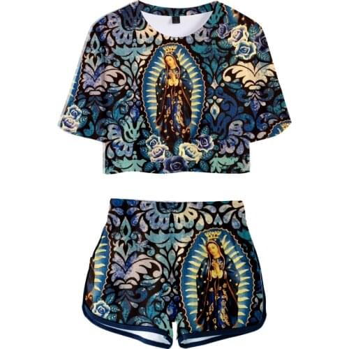 Our Lady Of Guadalupe Virgin Mary Catholic Mexico Girls Sexy club outfits Two Piece Set Women Short Sleeve Crop Tops + Shorts