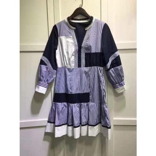 High Quality Striped Dress 2021 Autumn Style Women Color Block Patchwork 3/4 Sleeve Casual Cotton Dress Ladies Preppy Dress