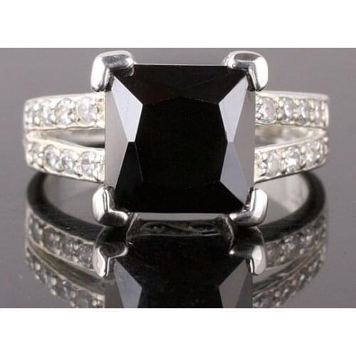 9x9mm Square Stone Princess Cut Luxury Black Onyx Silver Plated Ring Women Special Offer R026