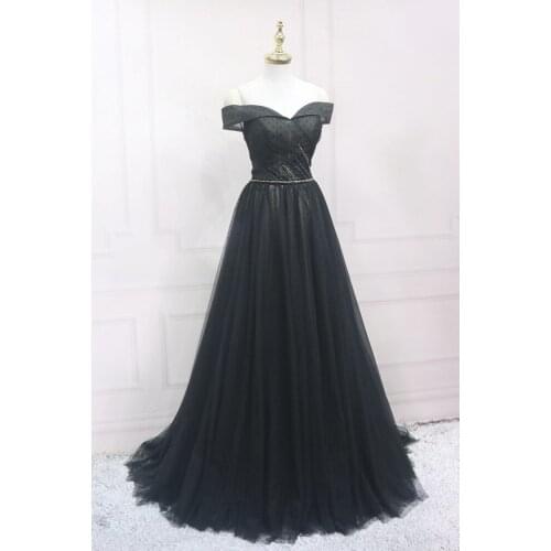 2020 New Arrival Black Evening Dresses Soft tulle with Beading Along the waistline Long Prom Gowns