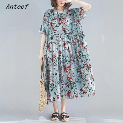 Short sleeve cotton vintage floral dresses for women casual loose long woman summer dress elegant clothes 2021